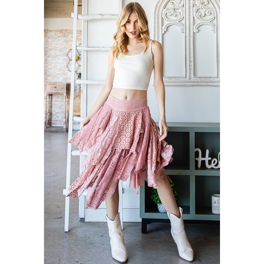 Multi Lace Mixed Mid Skirt - Mauve