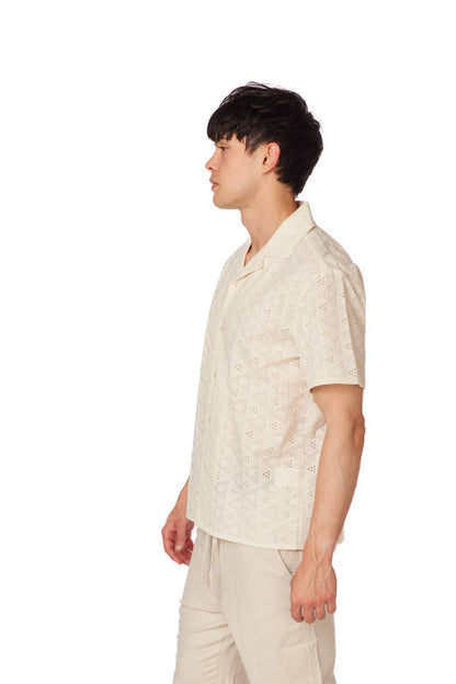 Textured Short Sleeve Men's Cotton Shirt  - Off White