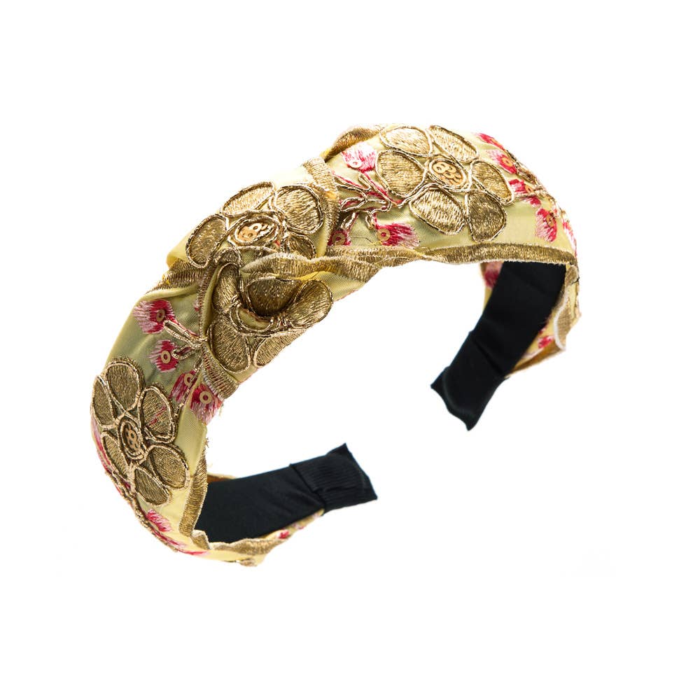 Vintage floral Embroidered knot headband - Khaki