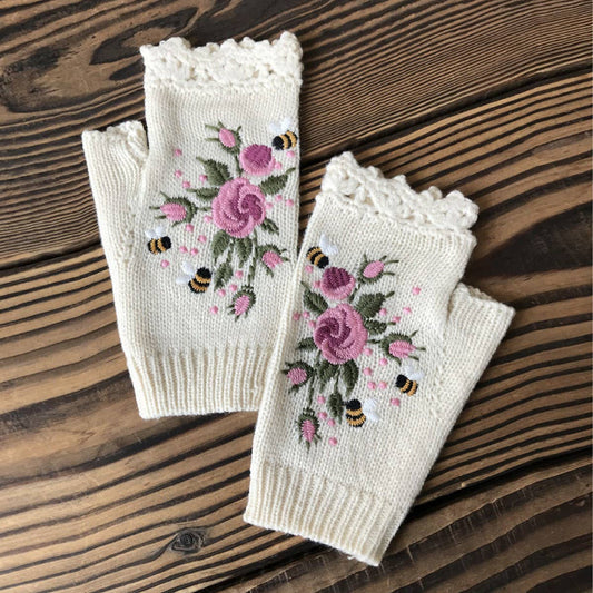 Floral Bees Embroidered Gloves - White