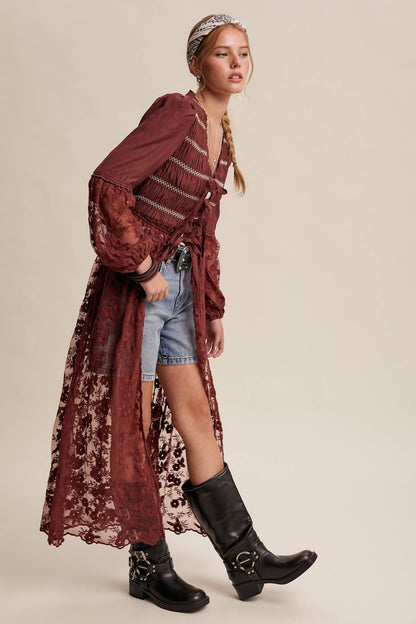 Lace-Up Embroidered Maxi Kimono - Wine