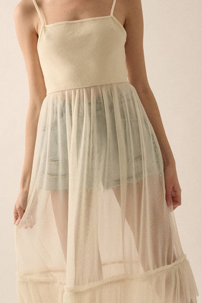 Solid Rib-Knit Bodice Pleated Organza Dress - Cream