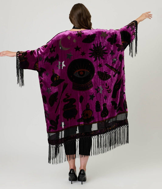 Unique Vintage 1920s Purple Velvet Burnout Mystical Icons Fringe Kimono - One Size
