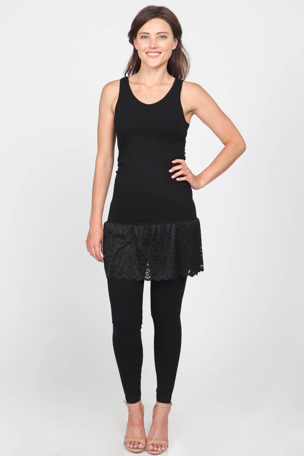 Reversible V-Scoop Tank Dress w/ Large Lace Hem - Black