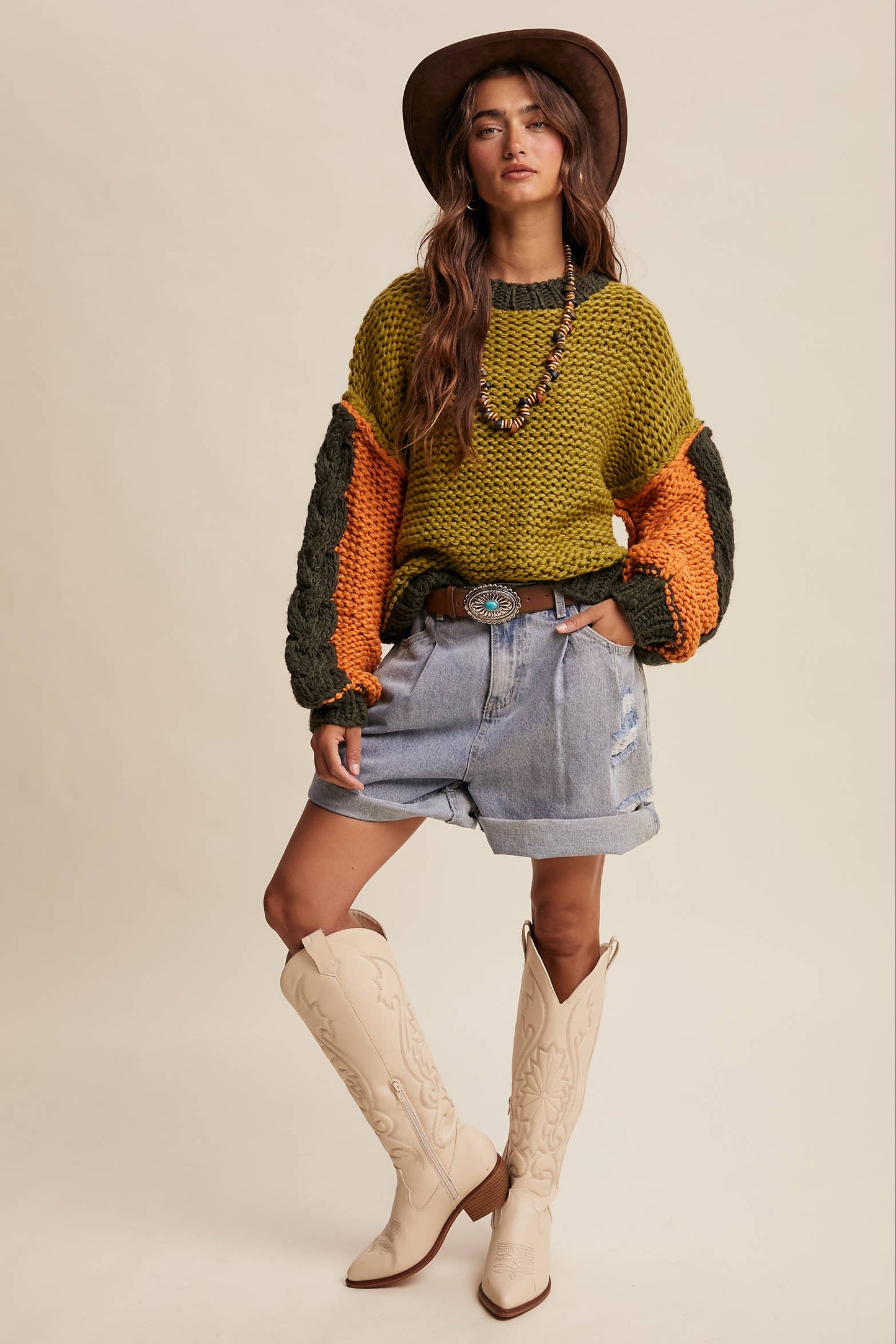 Hand-Knit Chunky Crochet Pullover - Olive Multi