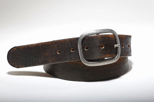 Vintage Distressed Black Brown Leather Belt with Antique Silver Buckle