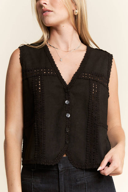 PLUS Suede Vest With Lace Trim - Black