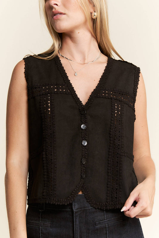 PLUS Suede Vest With Lace Trim - Black