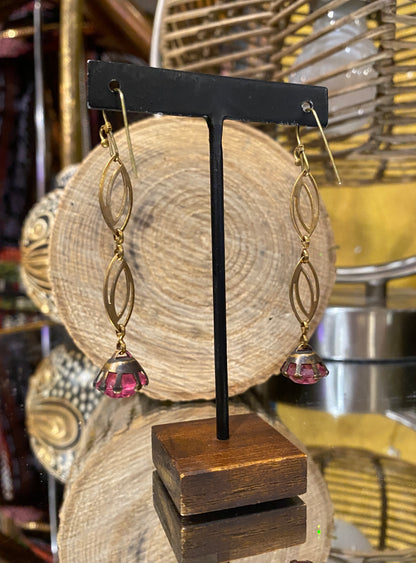 Vintage Glass & Brass Chain Earrings - Pink