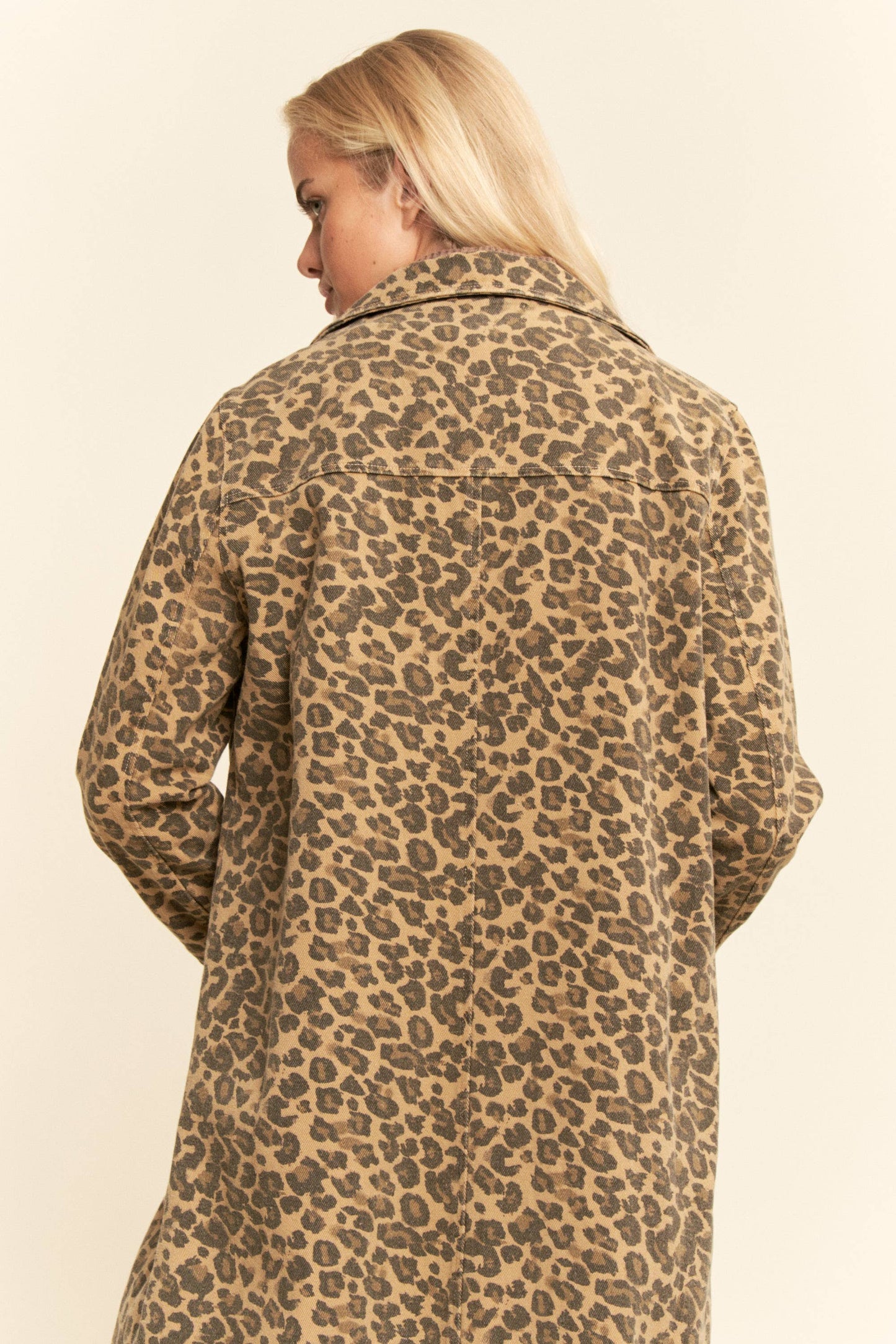 PLUS SIZE WASHED LAPEL DUSTER JACKET - TAUPE LEOPARD