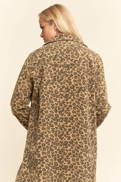 PLUS SIZE WASHED LAPEL DUSTER JACKET - TAUPE LEOPARD