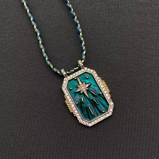 Enamel Rhinestone Star Square Cahrm Braided Rope Necklace