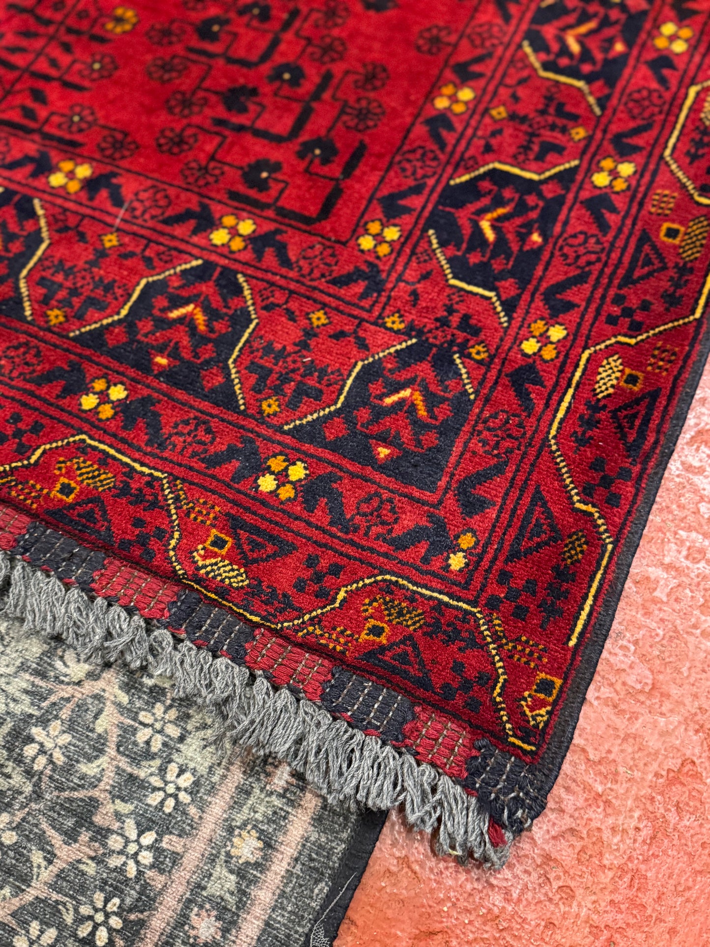 Handmade Wool Area Rug - Red & Yellow Floral Print