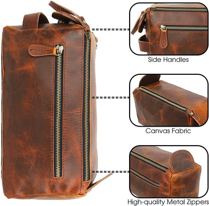 Tuzech Vintage Full Grain Leather Handmade Travel Toiletry Bag