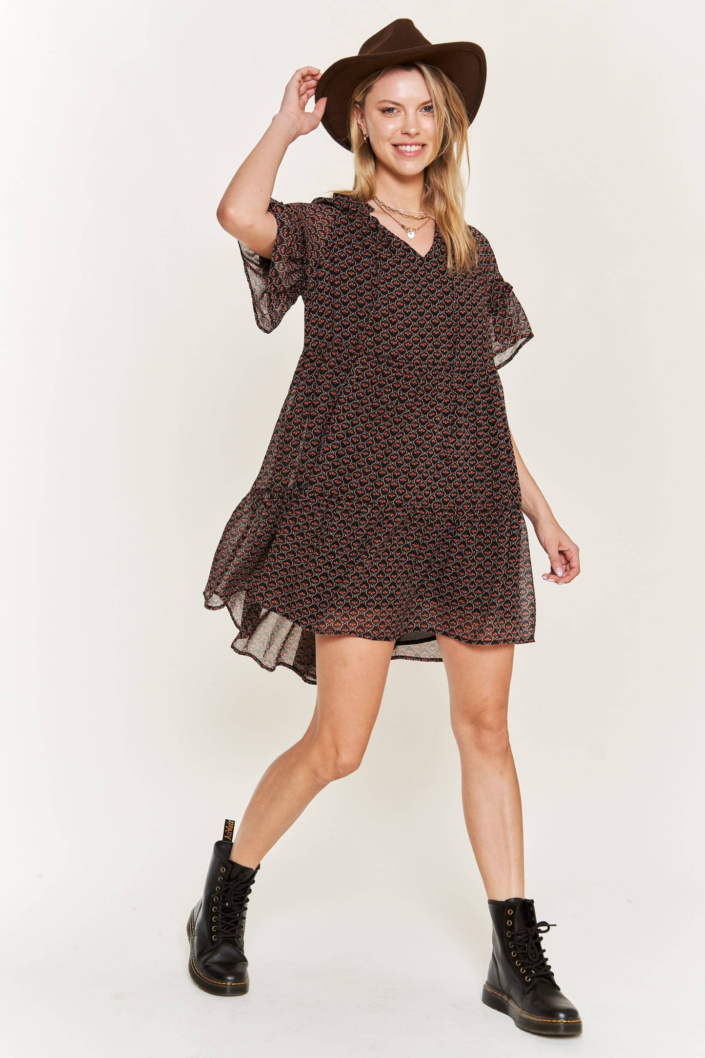 PLUS Floral Print V-Neck Mini Dress - Black