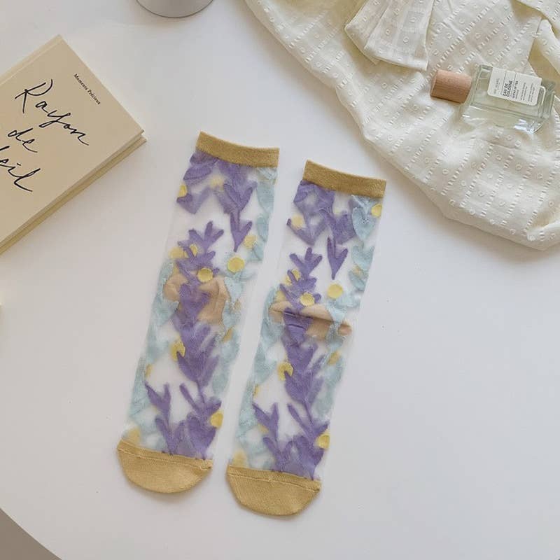 Sheer Floral Mesh Crew Socks - Blue