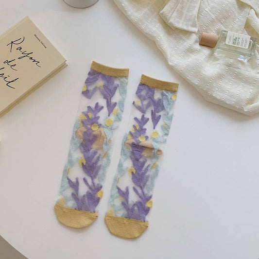 Sheer Floral Mesh Crew Socks - Blue