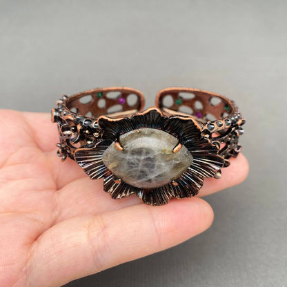 Vintage Natural Stone Anemousite Inlaid Bronze Cuff - CS