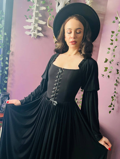 Lilith - Cottage Goth Lace Up Jersey Dress