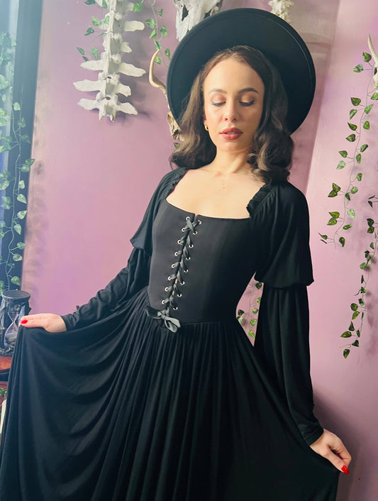 Lilith - Cottage Goth Lace Up Jersey Dress
