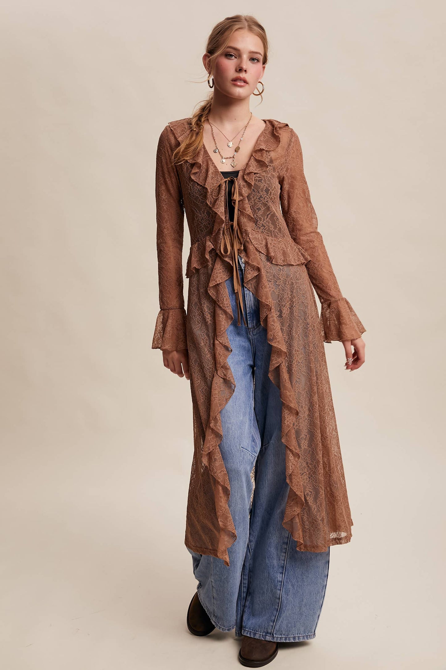 Sheer Lace Ruffle Duster - Mocha