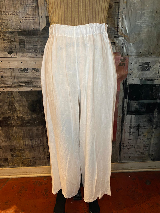 Linen, Elastic Waist Palazzo Pants - White