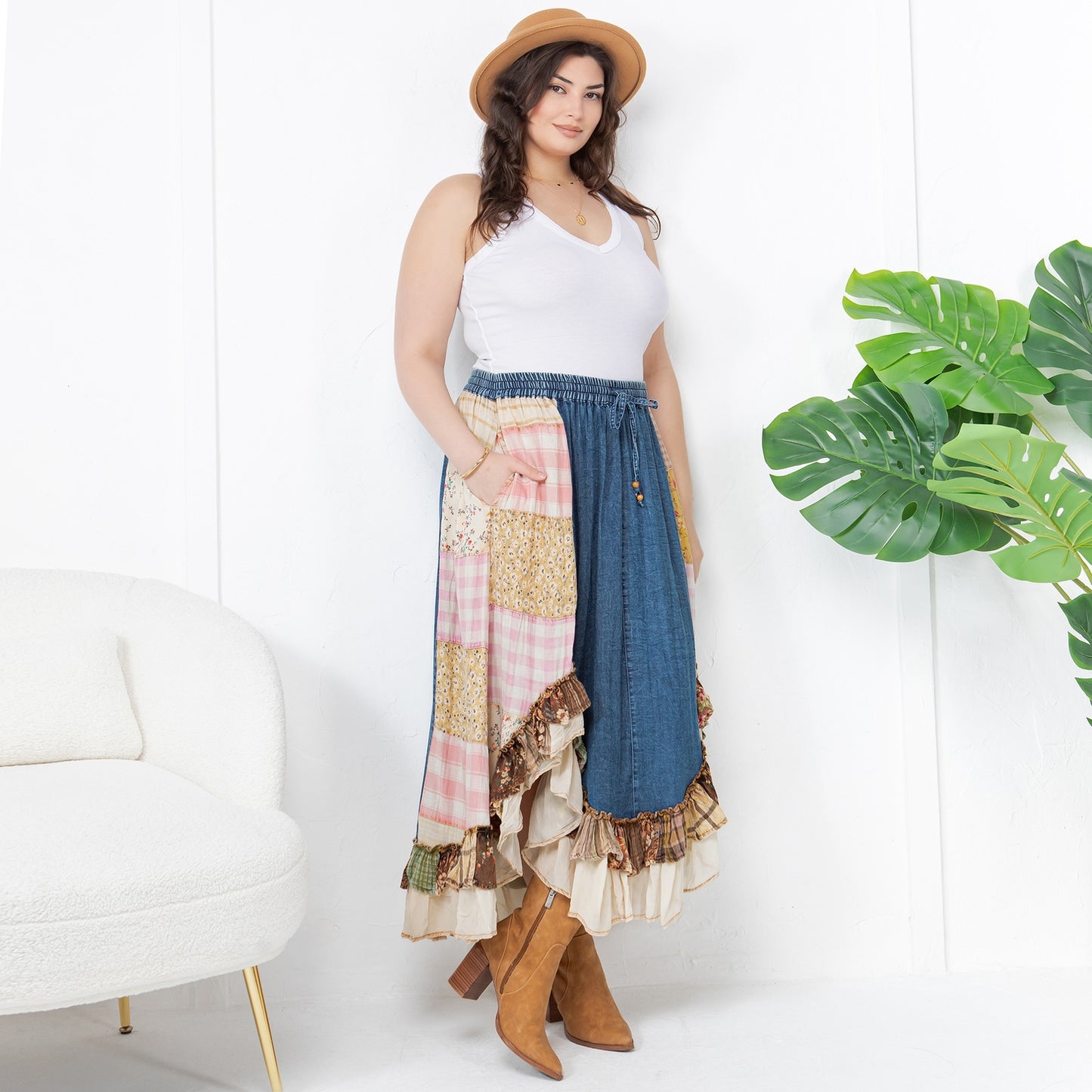Curve Patchwork Midi Skirt - Denim