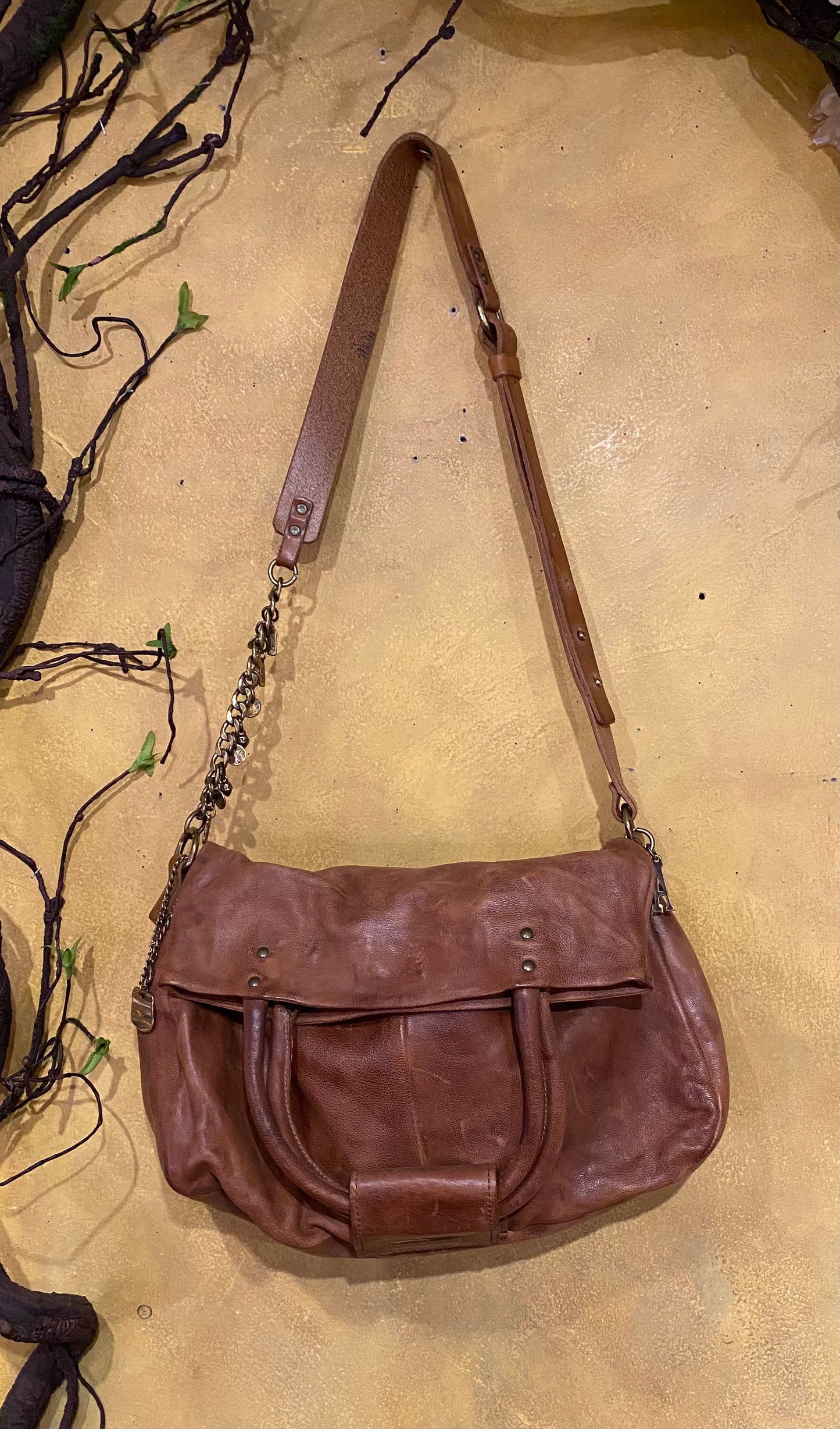 Folded Top Leather Crossbody Bag - Camel