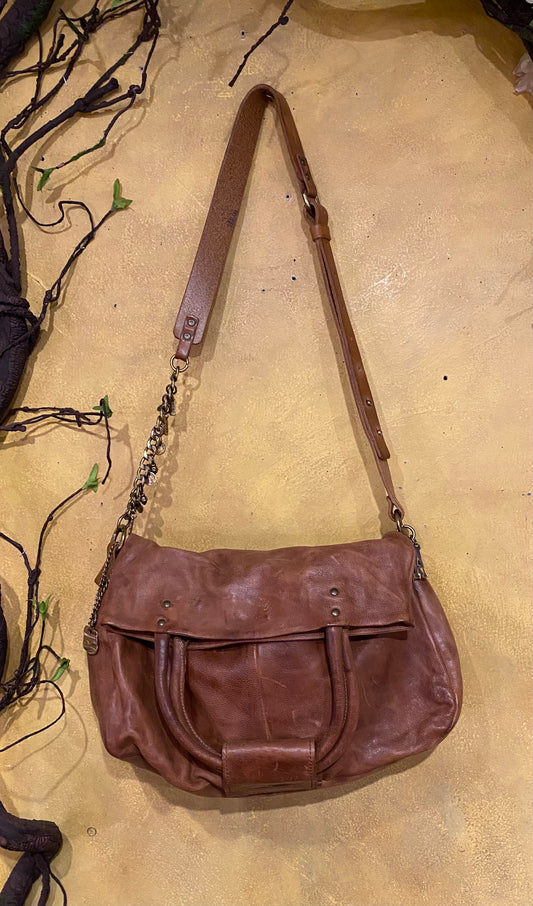 Folded Top Leather Crossbody Bag - Camel