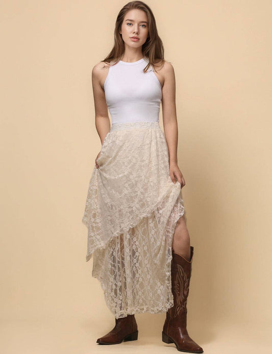 Ladies Floral Lace Layering Slip Midi Skirt- Beige