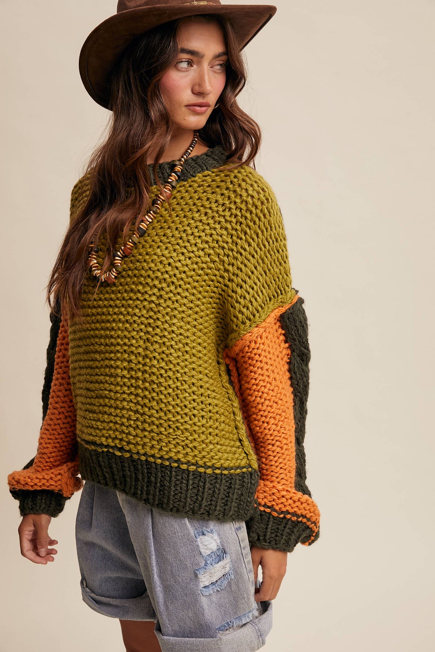 Hand-Knit Chunky Crochet Pullover - Olive Multi