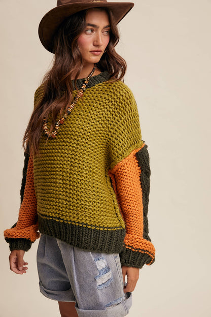 Hand-Knit Chunky Crochet Pullover - Olive Multi