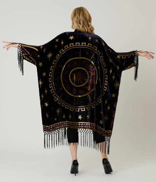 Unique Vintage Purple & Gold Velvet Zodiac Fringe Kimono - One Size