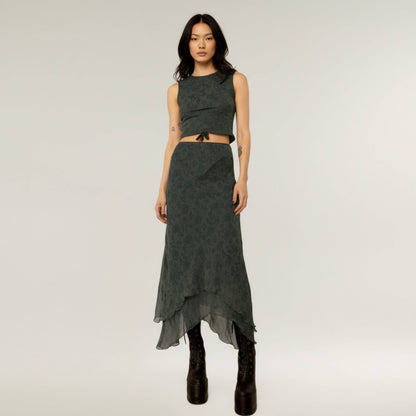 Asymmetrical Midi Skirt with Layered Chiffon- Olive Green