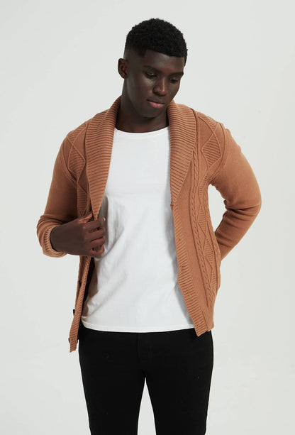 Camel cable knit cardigan "CASHMERE TOUCH"
