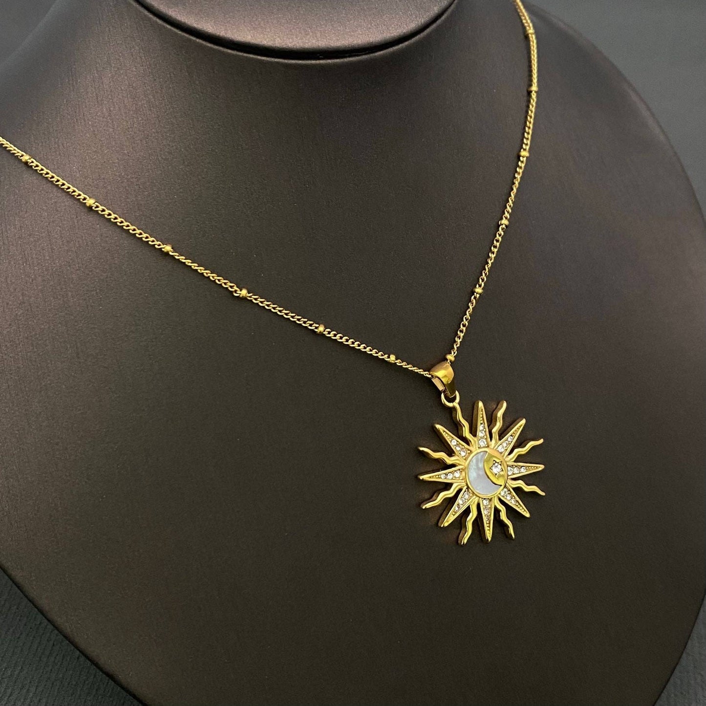 CZ Sun Pendant 18K Golden Stainless Steel Necklace - FGS/MS