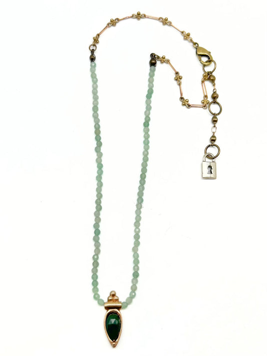 Delicate Pear Shape Pendant on Beaded Chain - Green Aventurine