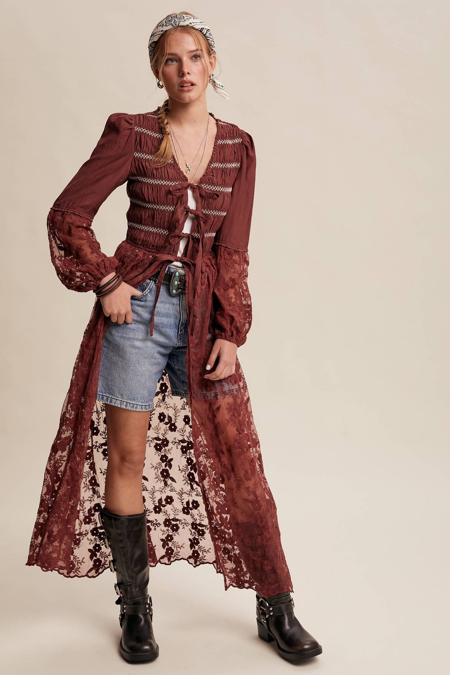 Lace-Up Embroidered Maxi Kimono - Wine