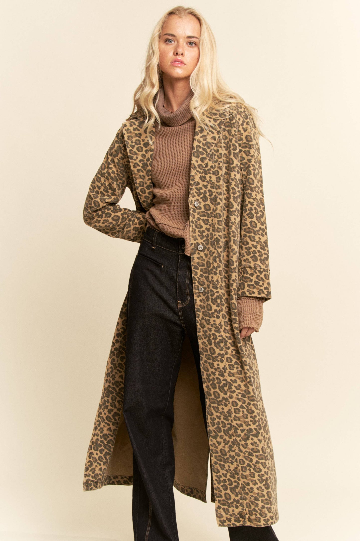 PLUS SIZE WASHED LAPEL DUSTER JACKET - TAUPE LEOPARD