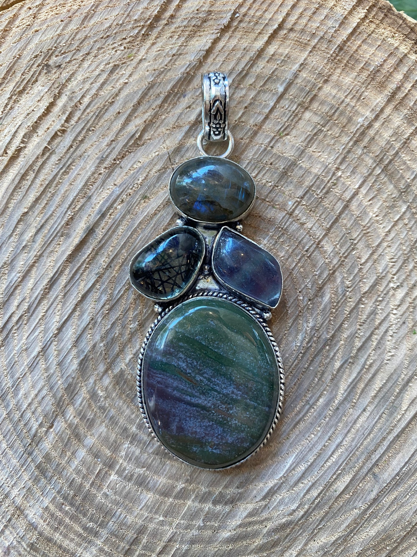 Labradorite Fluorite Black Rutilated Quartz Agate Pendant