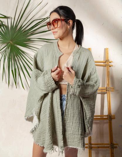 Evil Eye Muslin Kimono Robe / Poncho - Green