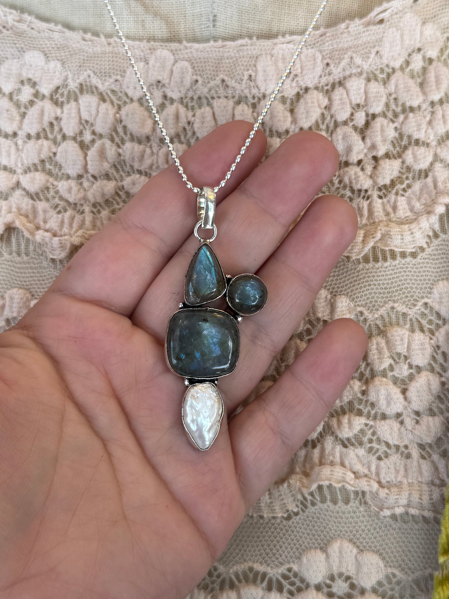 Triple Labradorite & Pearl Cluster Pendant