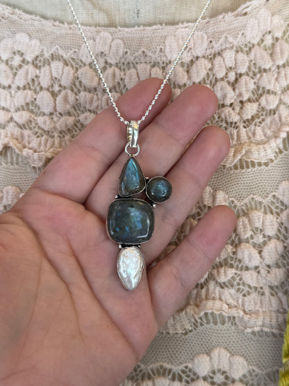 Triple Labradorite & Pearl Cluster Pendant