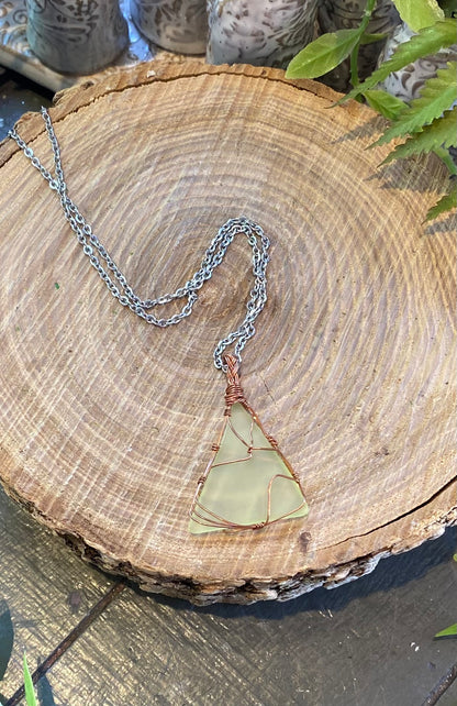 Bronze/Copper Wrapped Uranium Glass Necklace #IV116