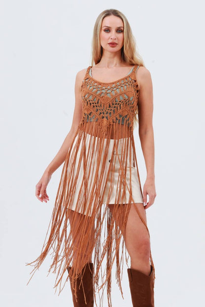 Tassel Fringe Crochet Tops - Camel  ( one size )