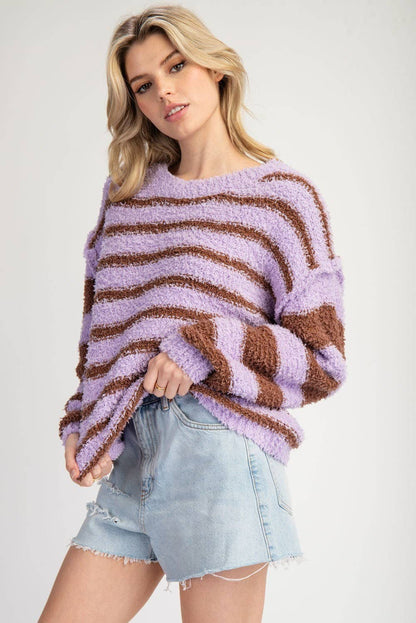 Striped Fleece Pullover Sweater - Lavender