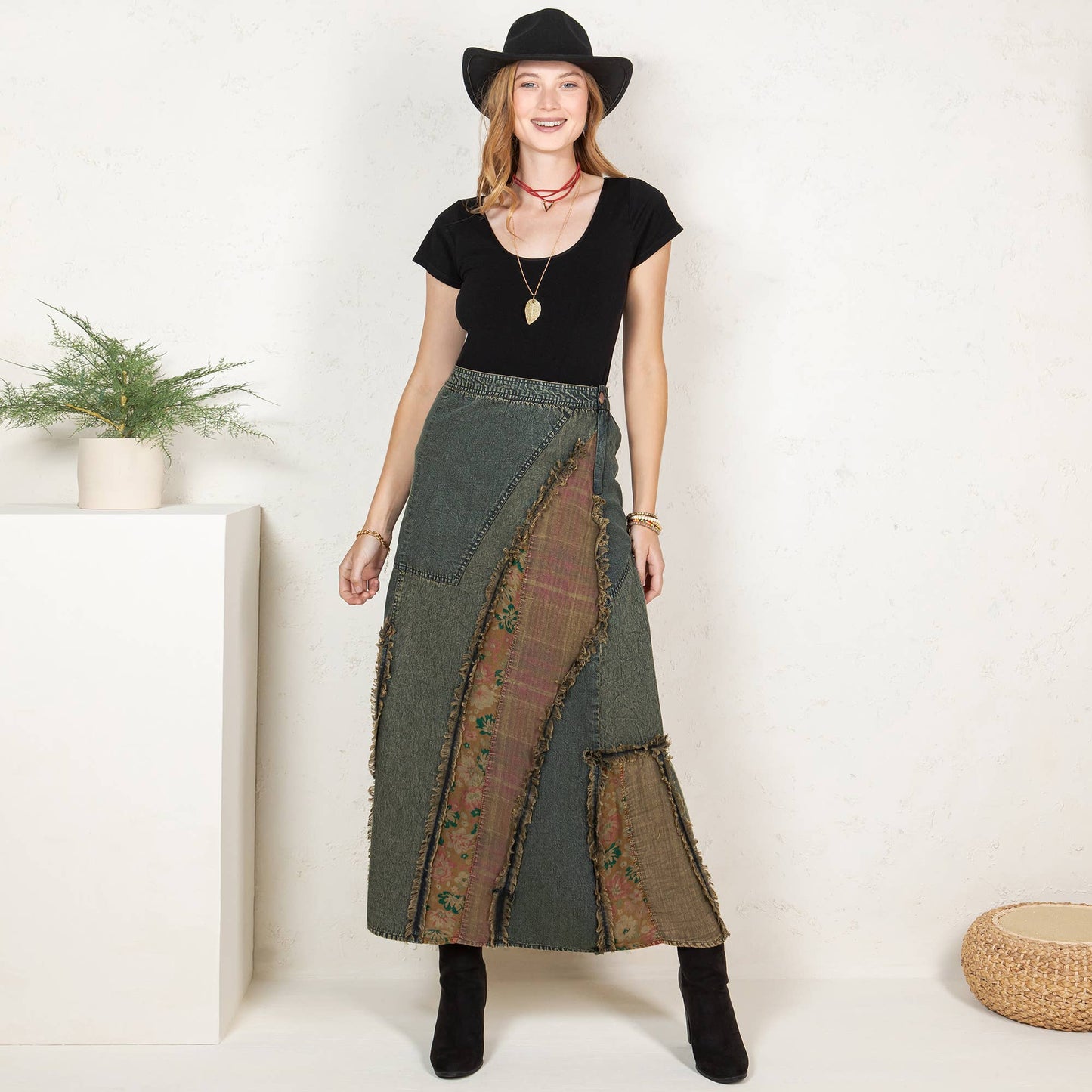 Patch Denim Midi Skirt - Gravel