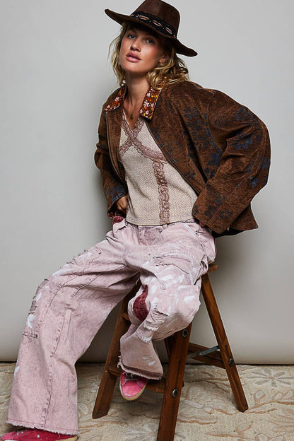 Floral Print Collared Long Sleeve Back Yoke Zip-Up Jacket - RUSTIC MOCHA