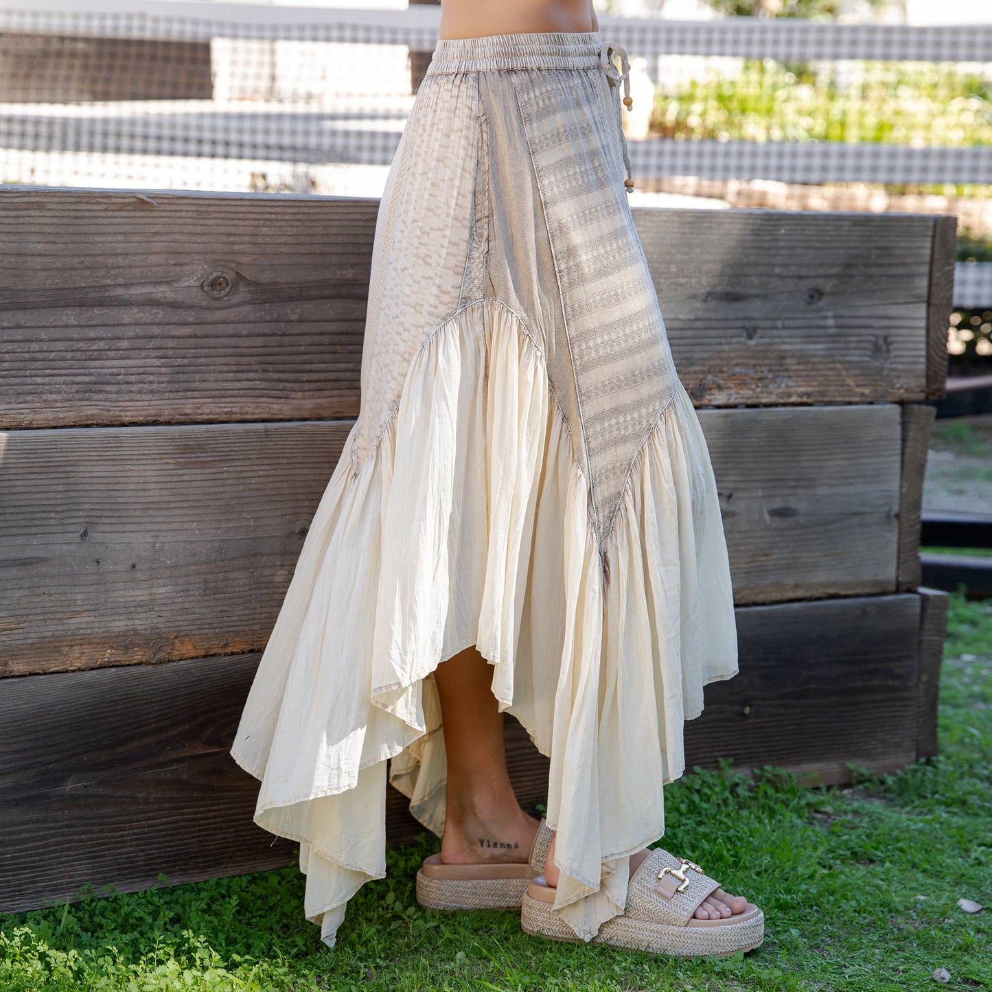 Boho Mixed Panel Drawstring Handkerchief Skirt - Latte
