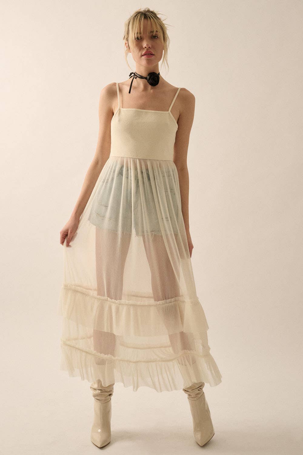 Solid Rib-Knit Bodice Pleated Organza Dress - Cream